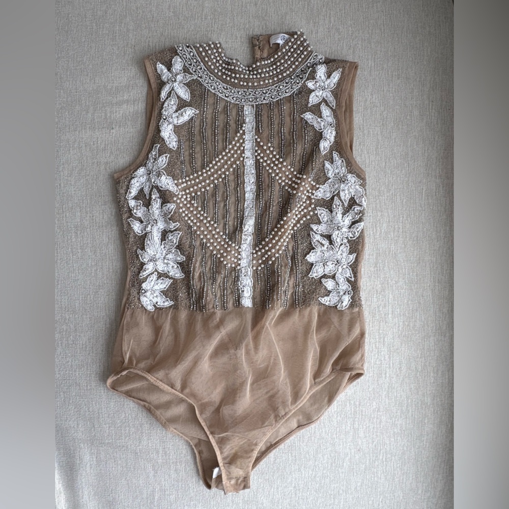 Beaded Sleeveless bodysuit Top in Tan and Silver
